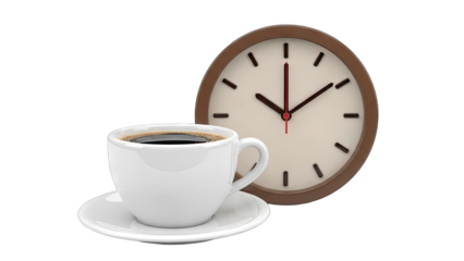 Coffee Break Time: Cup of Coffee and Clock on White Background