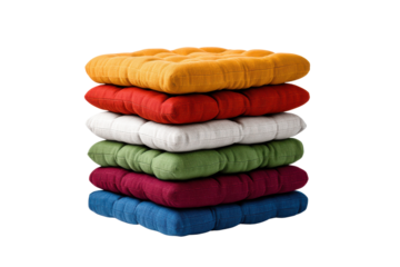 Stack of six tufted square seat cushions in yellow red white green burgundy blue fabric textile, Png, Isolated on Transparent Background, Cut Out