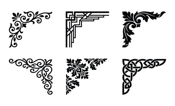 Set of black ornamental corners vector design. Decorative design elements and borders illustration.