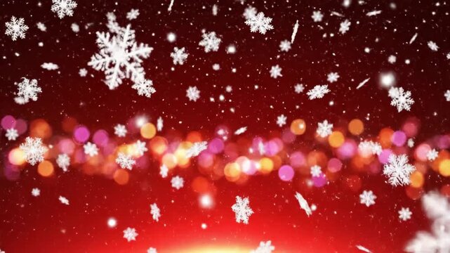 Enchanting winter snowfall on a vibrant red backdrop with warm glowing bokeh lights effect creates