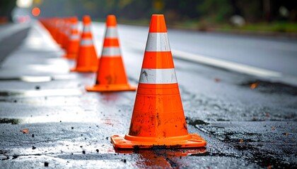 Row of orange traffic cones reflecting on wet asphalt road surface on overcast day, stretching into the distance