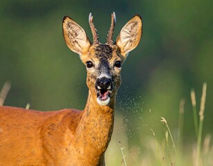 Roe deer stands in sunlit grass. Mouth open and dew flies. Blurred green background