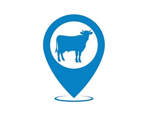 Silhouette of a cow inside a blue location marker on white background