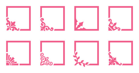 Set of pink corner frames with floral and sunburst vector designs. Decorative corner borders.
