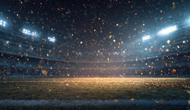 Glowing stadium with falling confetti under bright lights - Powered by Adobe