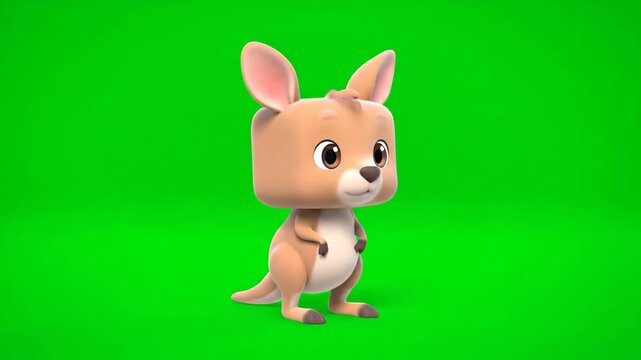 Cute cartoon kangaroo standing on green screen background.