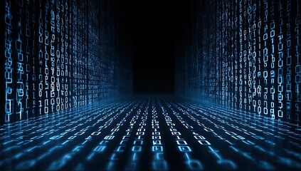 Digital stream of binary code flows through futuristic dark tunnel