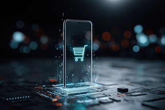 Futuristic smartphone glowing with shopping cart icon on circuit board, digital abstract - Powered by Adobe