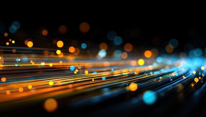 Abstract flowing light streaks and bokeh orbs against a dark background