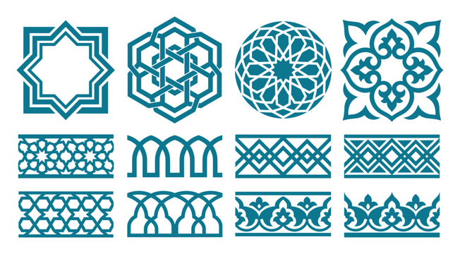 Teal islamic ornament set patterns, vector illustration, traditional geometric design elements.