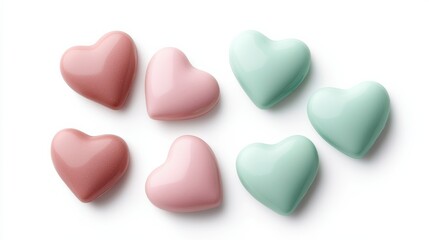 collection of glossy heart-shaped candies in pastel colors, arranged neatly on a white background, evoking a sweet and playful vibe.