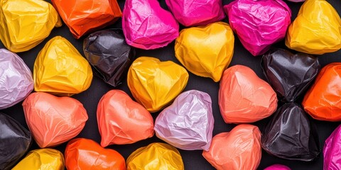 Colorful, wrapped heart-shaped candies arranged in a vibrant pattern, creating a festive and playful ambiance.