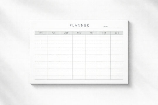 Horizontal minimal planner template photographed on a clean white background with soft shadows, neutral tones, calm organized mood, ideal for productivity concepts, business planning, time management