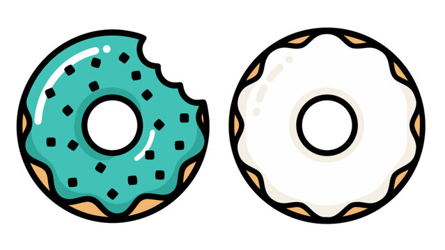 Two Cartoon Donuts: One Bitten Teal, One White Glazed