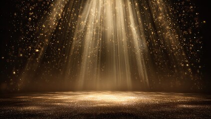 Golden light beams illuminate a glittering, atmospheric stage with falling particles