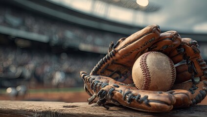 A baseball and worn glove rest on weathered wood before a blurry stadium crowd
