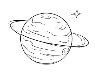 Simple black and white illustration of a ringed planet and a star