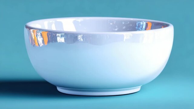 Elegant white ceramic bowl with shiny interior on blue background