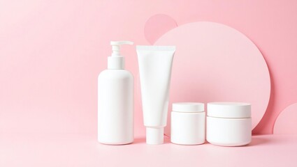 Minimalist arrangement of white skincare products on a soft pink background