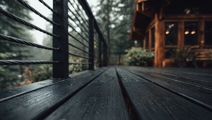 Wet wooden deck with railing leading to a rustic cabin in a forest