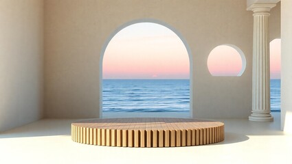 Minimalist interior with arched window overlooking a serene ocean sunset