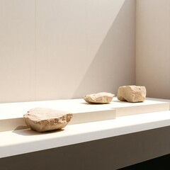Three ancient stone bowls displayed on a white shelf in a museum