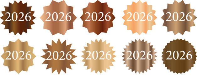 Set of Metallic Star-Shaped Badges with '2026' - Gold and Brown Vector Collection