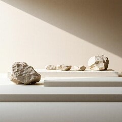 Minimalist still life with natural stones and geometric platforms