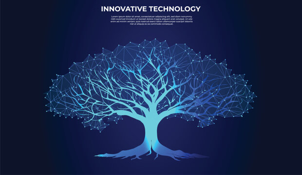 A futuristic and vibrant vector ancestral tree with interconnected nodes, transitioning from blue to green, neon blue circuit lines, futuristic sci-fi digital tree animation, cyberpunk sci-fi digital 