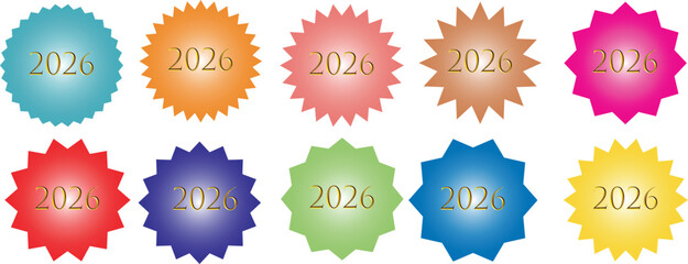 Colorful Starburst '2026' Year Icons Collection. Vector Set on White Background.