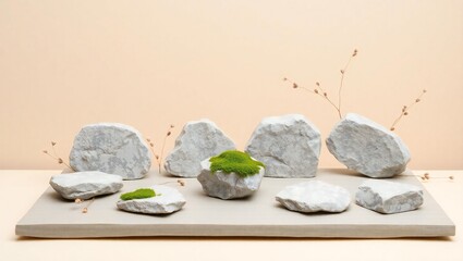 Arrangement of textured grey rocks with small green moss plants on a light grey stone slab