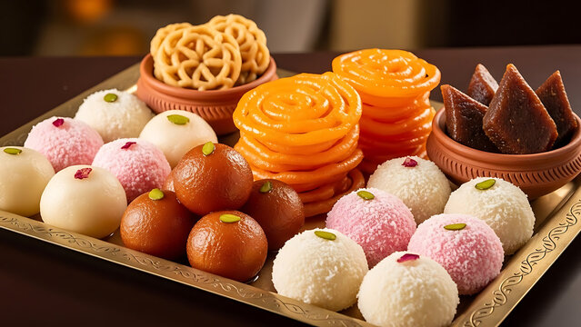 Indian sweets tray including gulab jamun jalebi