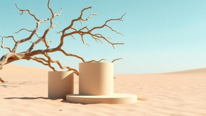 Minimalist desert scene with abstract podiums and dead tree