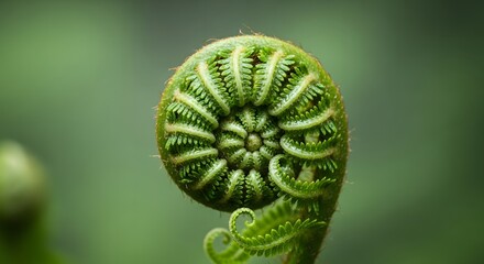 Vibrant green fern fiddlehead unrolling macro shot growing in forest nature reserve