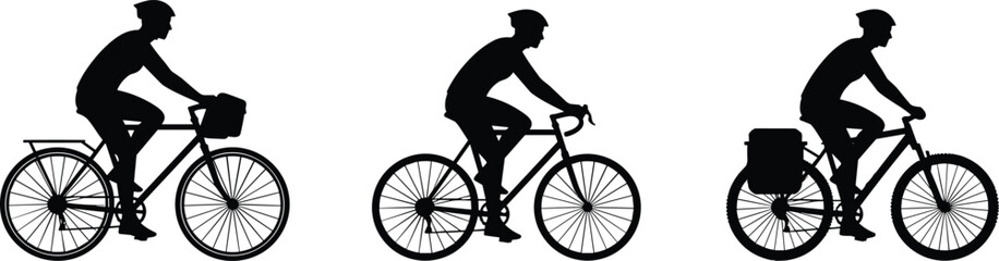 Naklejka premium Bicycle Commuter and Road Cyclist Silhouette Set Vector, Bike Touring, Daily Transport, Healthy Lifestyle, Sport Recreation Icon