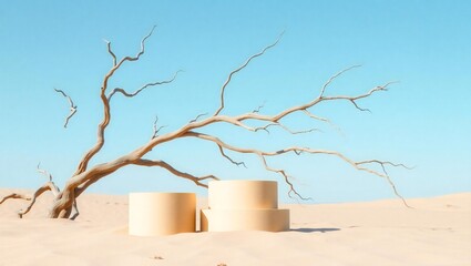Minimalist desert scene with dry tree and wooden podiums