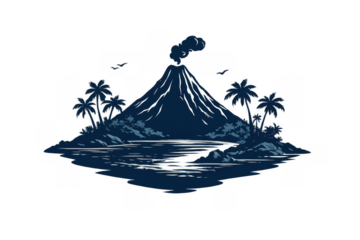 Volcanic island illustration with smoke erupting from a volcano, surrounded by palm trees and ocean on transparent background
