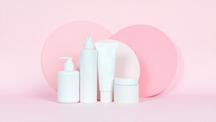 Minimalist arrangement of white cosmetic bottles on a soft pink background