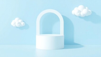 Minimalist white podium with soft clouds on a pastel blue background