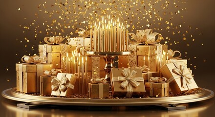 Golden anniversary celebration abundance, luxury gifts, lit candles, falling confetti, festive occasion background, opulent design, rich texture, warm glow