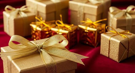 A collection of luxurious golden gift boxes with shimmering ribbons resting on a rich red velvet background for celebration