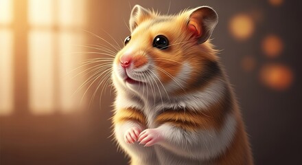 Adorable hamster portrait close-up fluffy pet rodent whiskers soft eyes golden lighting small paws cute animal