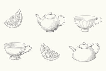 Vintage coffee and tea pots with steaming cups illustration. Engraved style tea elements for creative design. Eps 10