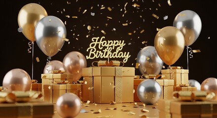 Happy birthday celebration with gold and silver balloons, luxury gift boxes, sparkling confetti, and dark background ambiance
