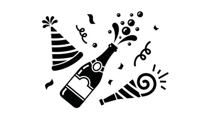 Celebration party elements with champagne bottle, hat, and confetti for festive occasions.