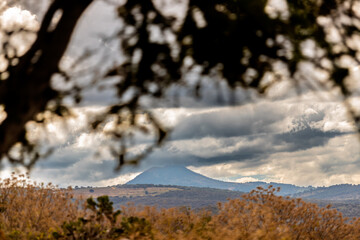 Mountain partially obscured by tree branches in Penjamillo (Mexico)