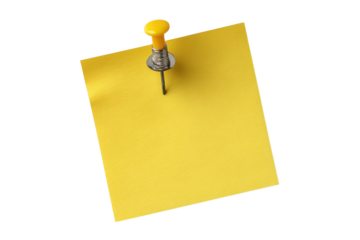 Yellow square paper note pinned with yellow thumbtack on black background image, Png, Isolated on Transparent Background, Cut Out