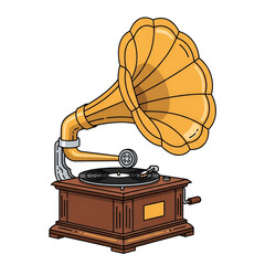 Illustration of a vintage gramophone with a large horn on a wooden base against a plain white background.