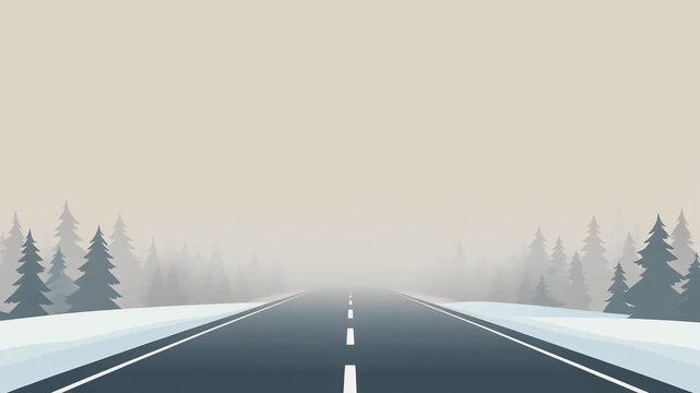 A straight road stretches into the misty distance, bordered by snow-covered evergreen trees under a hazy winter sky.