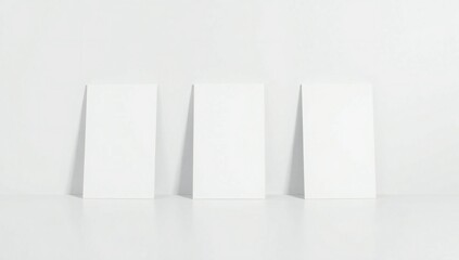 Three blank white vertical rectangular panels arranged in a row on a reflective surface
